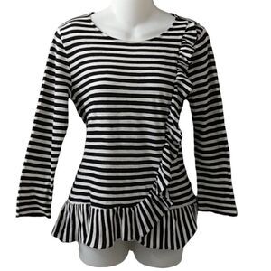 J. Crew Black and White Striped Ruffled Peplum Top Blouse 3/4 Sleeve  Small